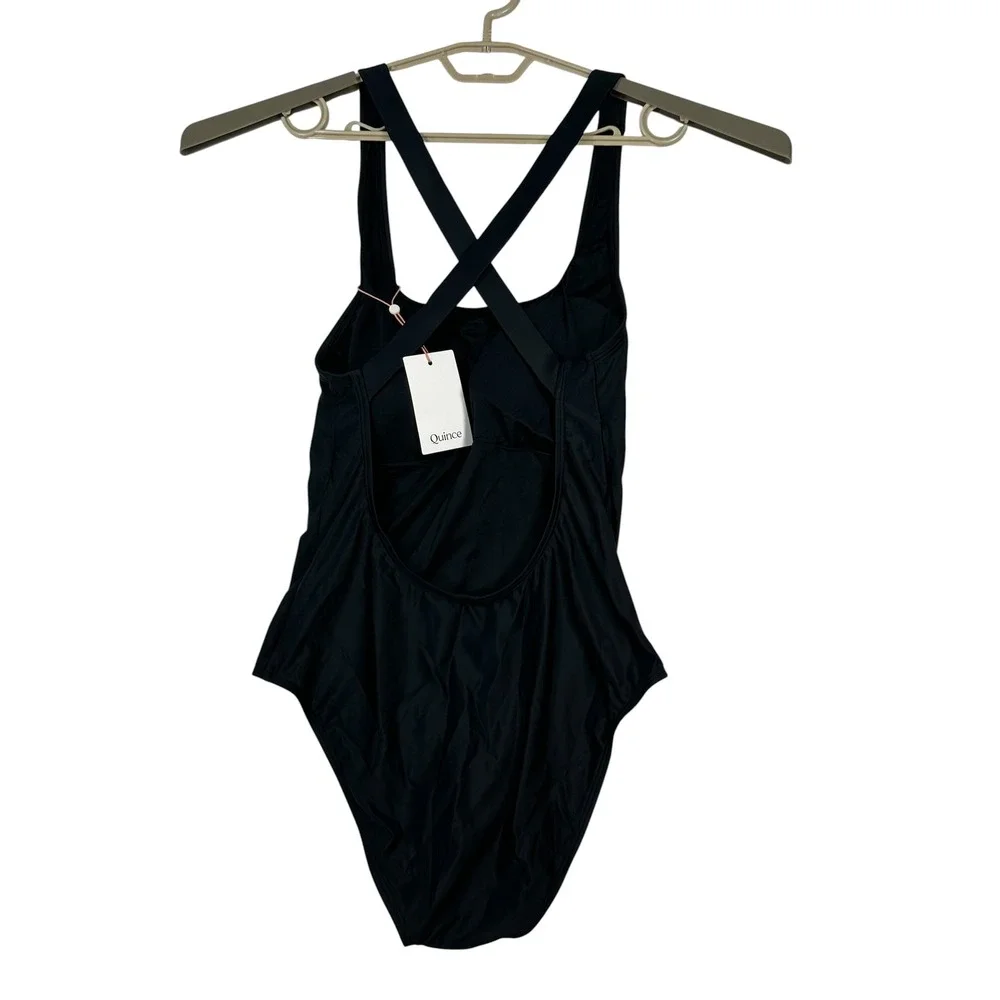 MWT Quince Womens Italian Cross Back One Piece Swimsuit Large Padded Black